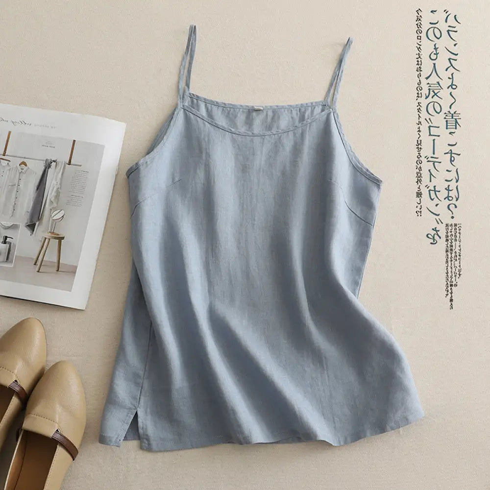 ID1425 レディース 夏 リネンコットン タンクトップ Vネック深め 肌触り最高 薄手 透け感なし ナチュラルテイスト インナー すっきりシルエット おしゃれ 夏の定番 ブルー / M レディース＞インナー