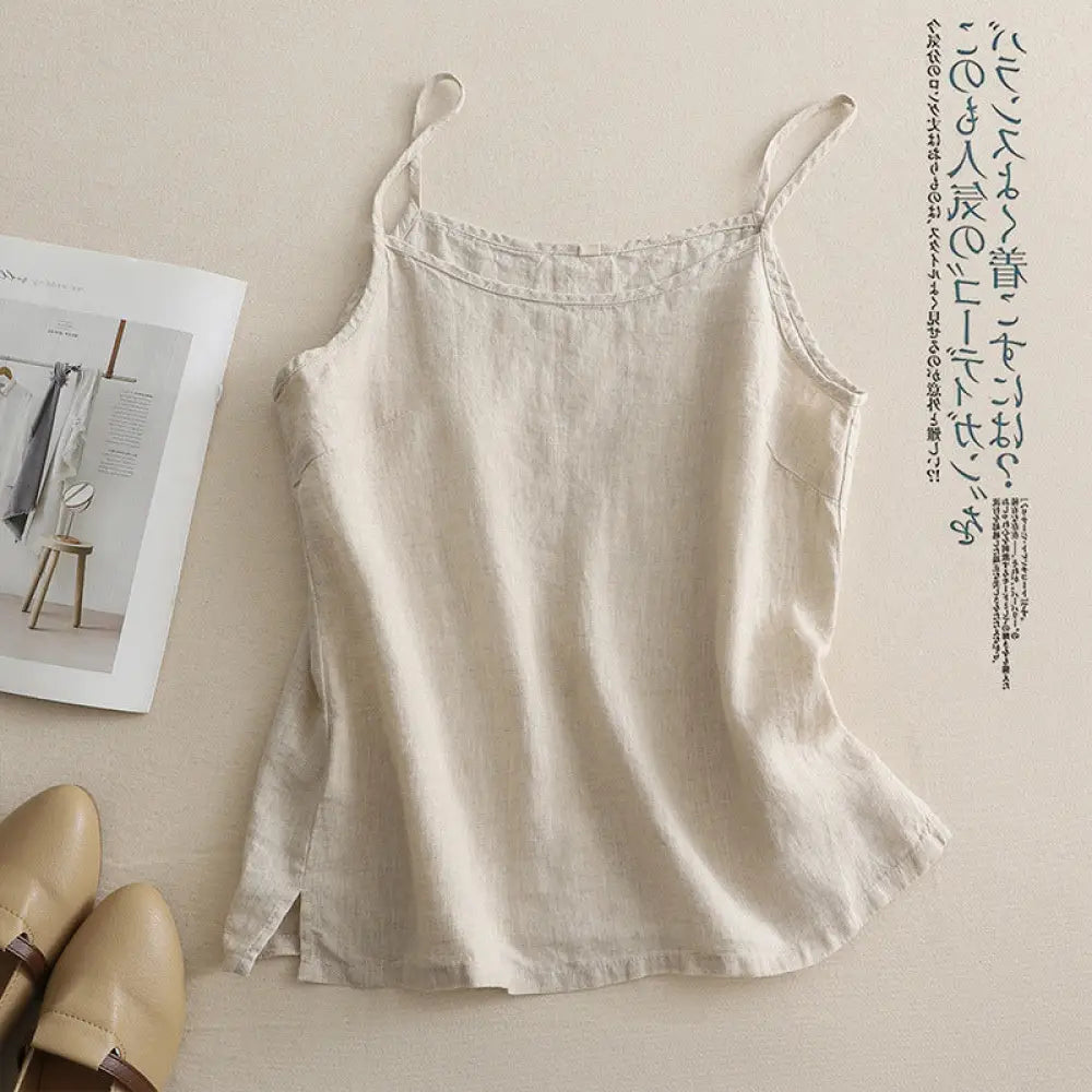 ID1425 レディース 夏 リネンコットン タンクトップ Vネック深め 肌触り最高 薄手 透け感なし ナチュラルテイスト インナー すっきりシルエット おしゃれ 夏の定番 ベージュ / M レディース＞インナー