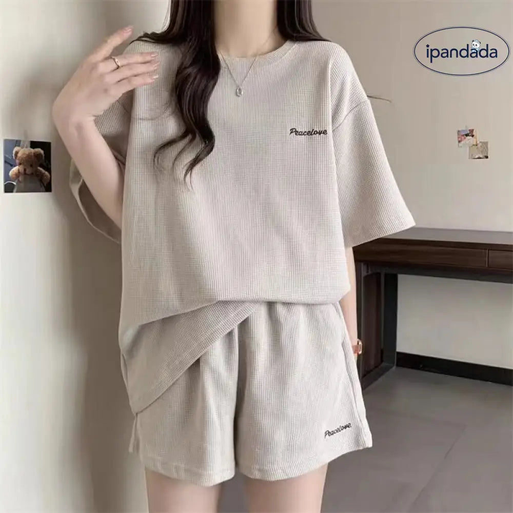 ID1502 レディース 夏 スポーツウェア セット ワイドパンツ 韓国風 スリム効果 ワッフル 刺繍 半袖 ショートパンツ 2点セット 通気性 ゆったり 4色展開