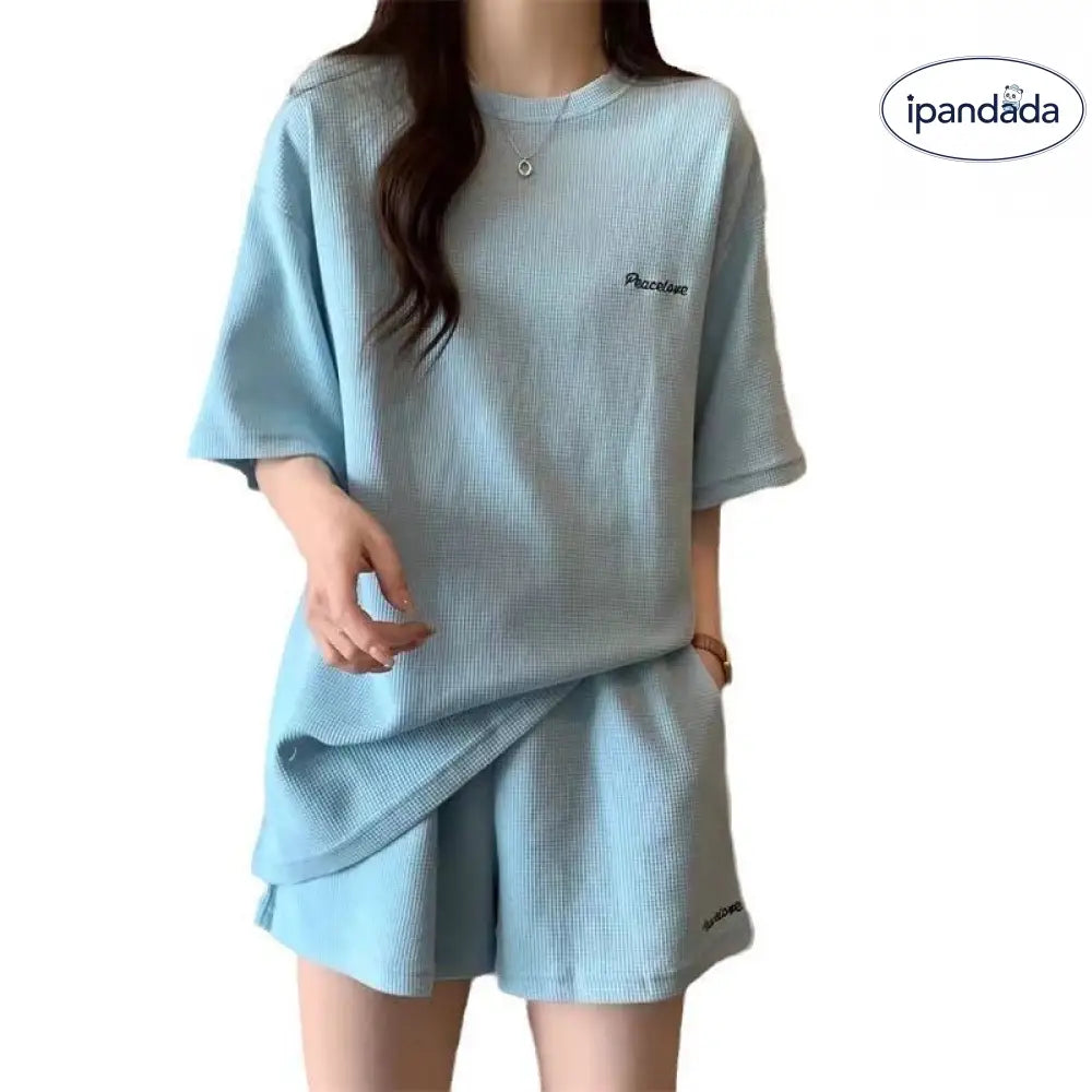 ID1502 レディース 夏 スポーツウェア セット ワイドパンツ 韓国風 スリム効果 ワッフル 刺繍 半袖 ショートパンツ 2点セット 通気性 ゆったり 4色展開
