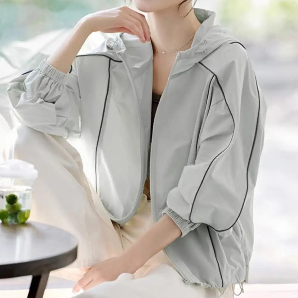 ID1206 レディース 夏物 UVカットパーカー ミントマンボ パッチワーク フード付き 薄手 ルーズ 通気性 吸汗速乾 おしゃれ ストリート 新作 写真通り / S レディース > トップス