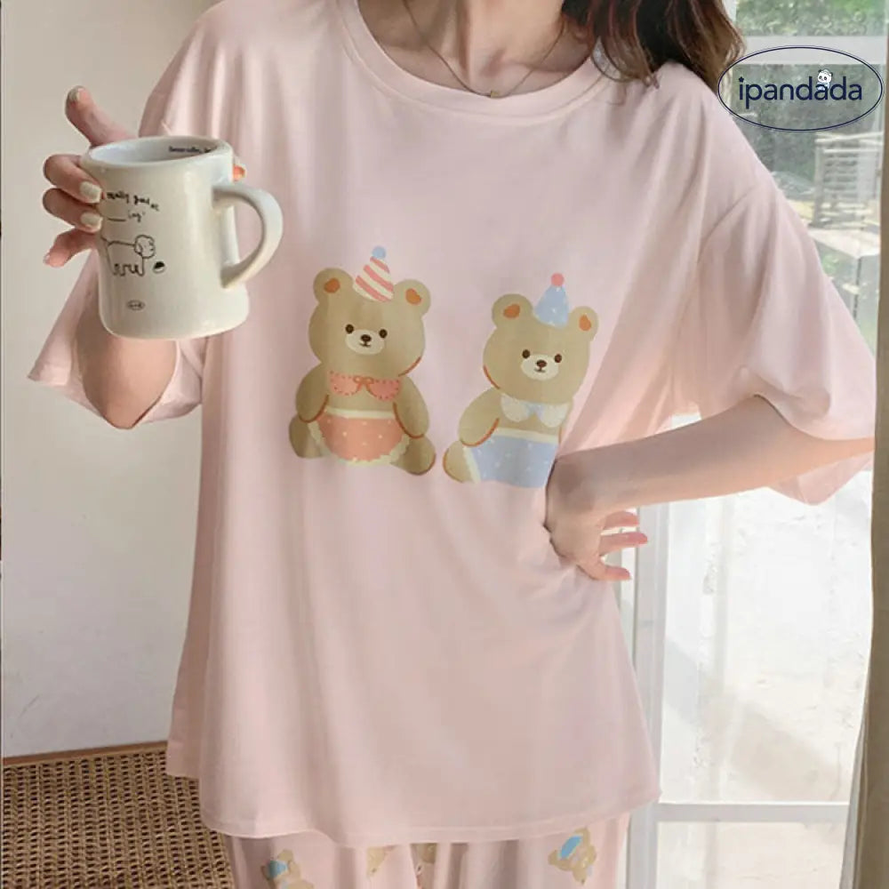 ID1400 レディース 夏 新作 バースデイベア パジャマ セット 半袖 ロングパンツ シンプルカラー くまちゃん アクセント 丸ネック 綿 吸汗速乾 ゆったり ギフト対応 おうちリラックス