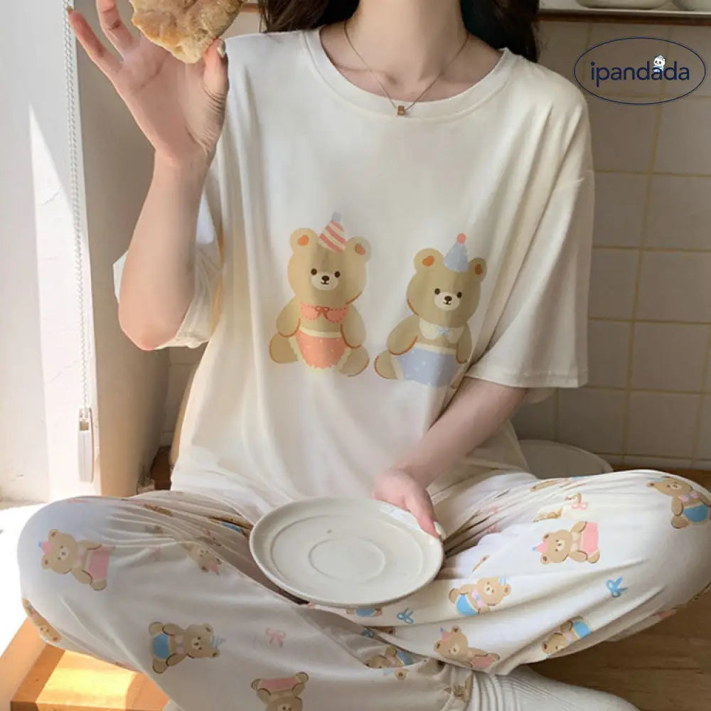 ID1400 レディース 夏 新作 バースデイベア パジャマ セット 半袖 ロングパンツ シンプルカラー くまちゃん アクセント 丸ネック 綿 吸汗速乾 ゆったり ギフト対応 おうちリラックス