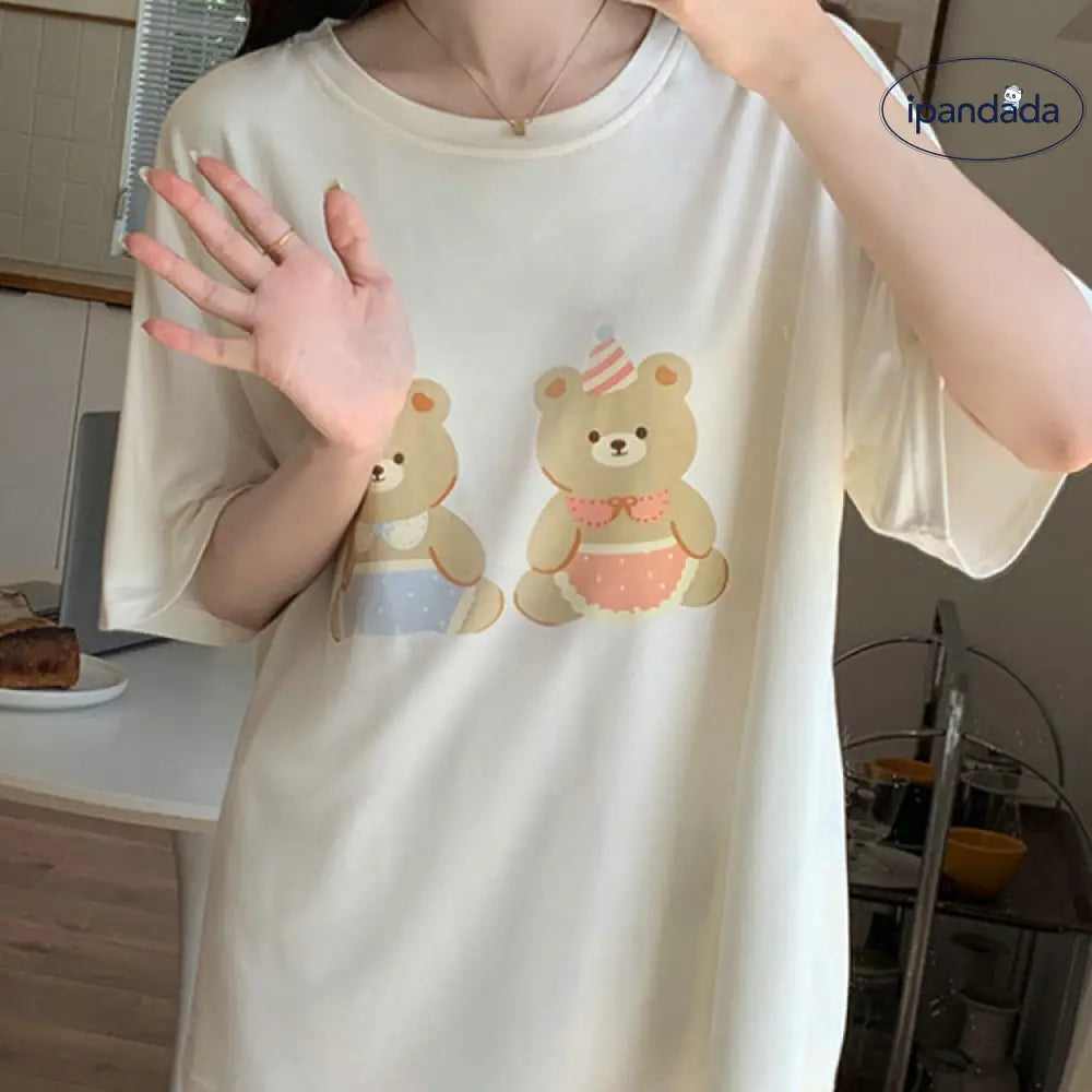 ID1400 レディース 夏 新作 バースデイベア パジャマ セット 半袖 ロングパンツ シンプルカラー くまちゃん アクセント 丸ネック 綿 吸汗速乾 ゆったり ギフト対応 おうちリラックス