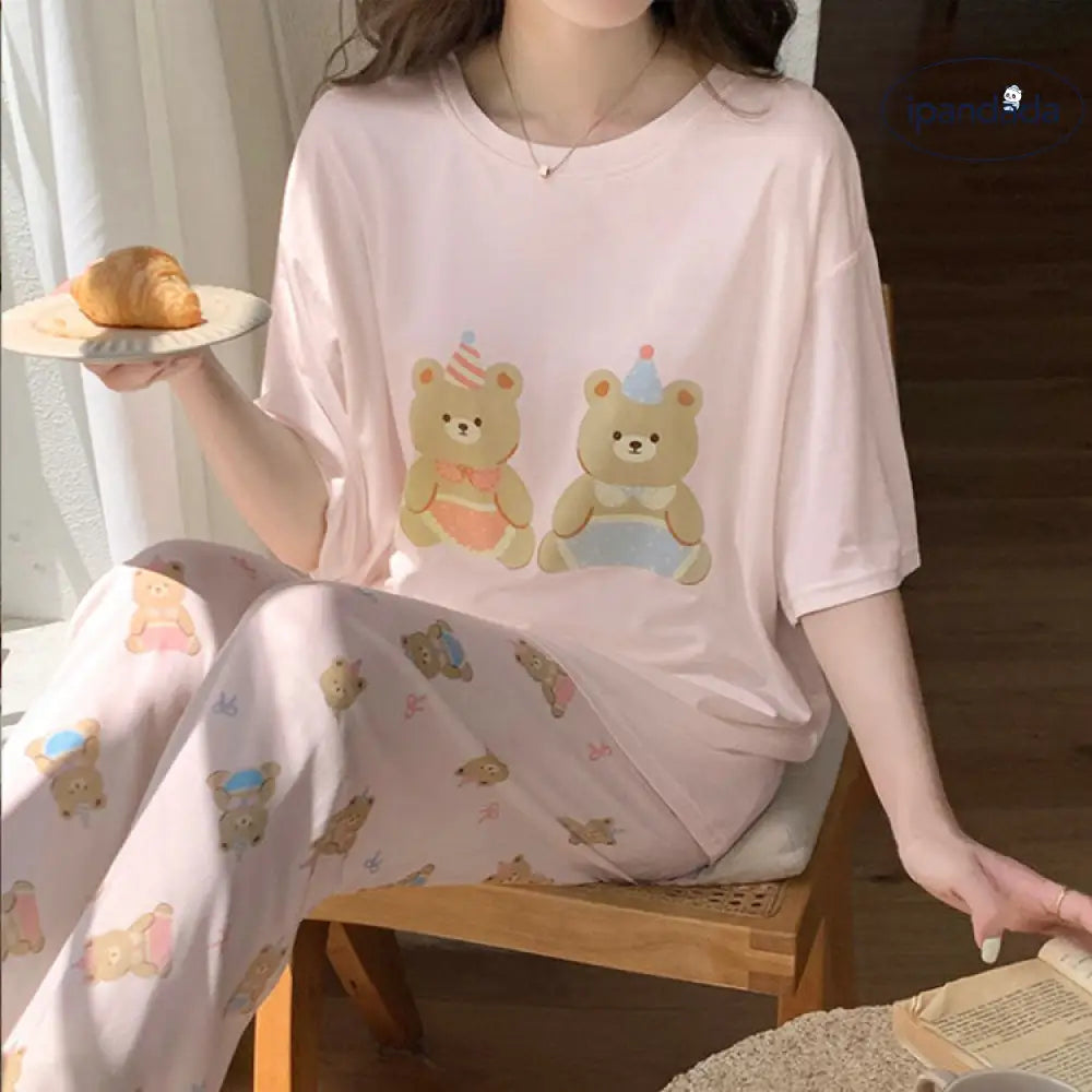 ID1400 レディース 夏 新作 バースデイベア パジャマ セット 半袖 ロングパンツ シンプルカラー くまちゃん アクセント 丸ネック 綿 吸汗速乾 ゆったり ギフト対応 おうちリラックス