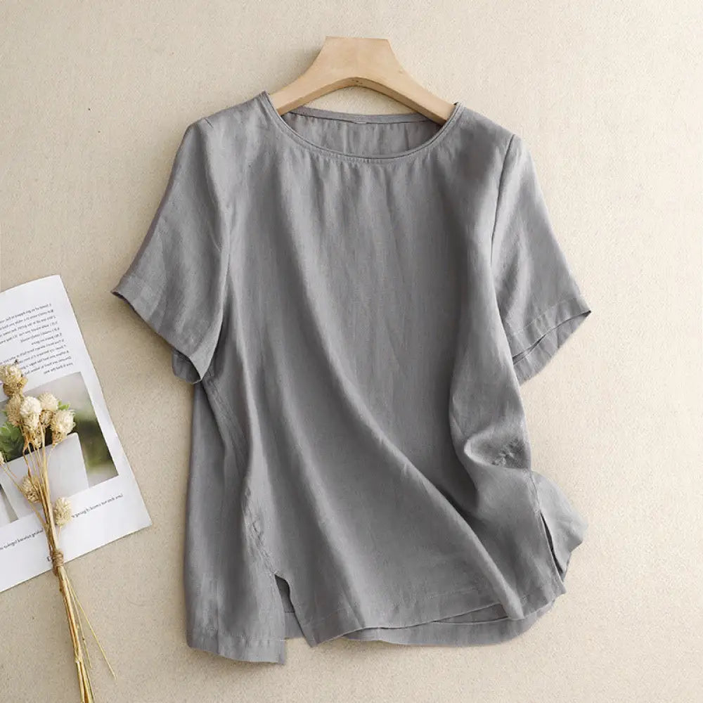 ID1424 レディース 夏 新作 リネン Tシャツ ワンカラー レトロモダン ゆったり 七分袖 肌触り良好 通気性抜群 シンプルデザイン おしゃれ リラックスシック グレー / M 外出着>トップス