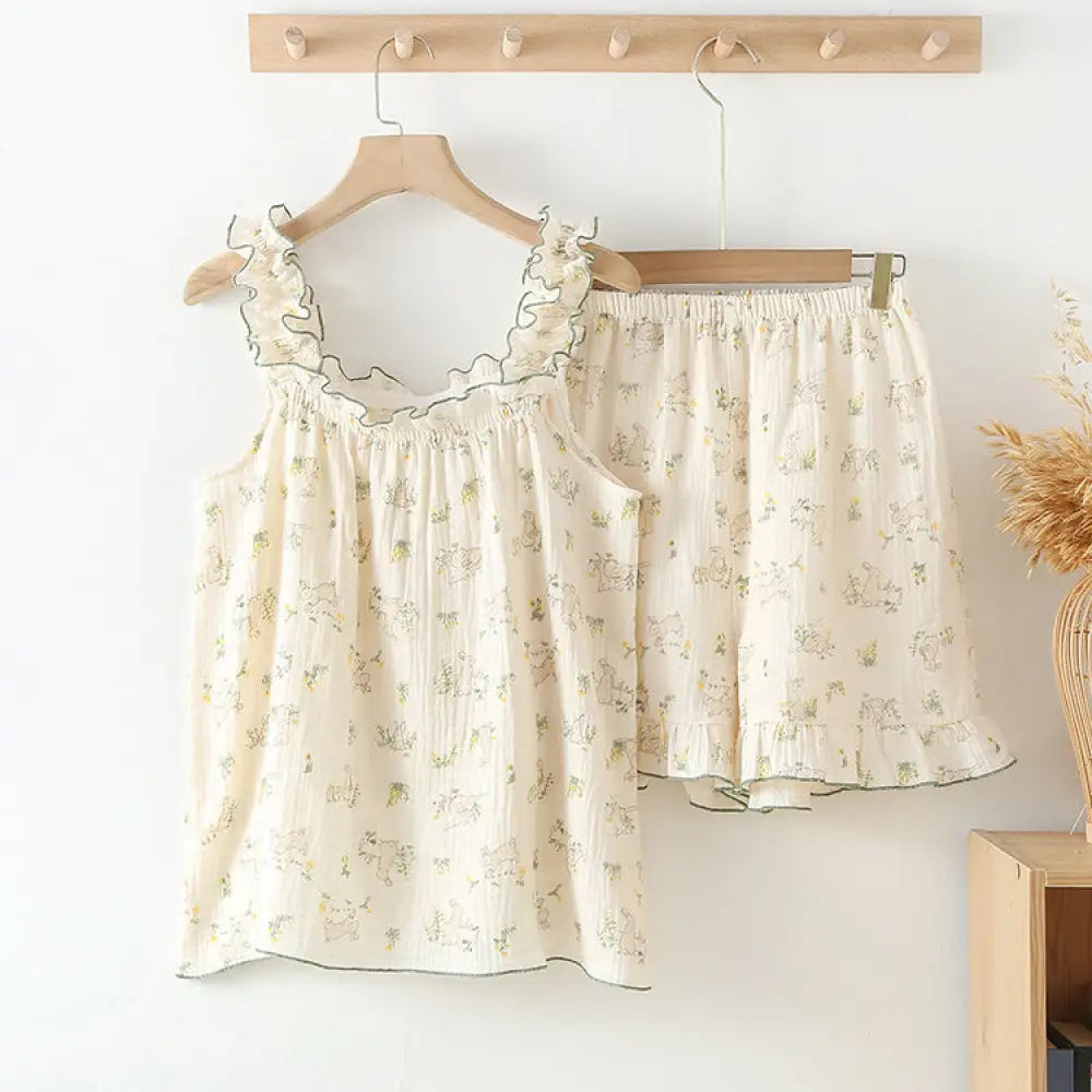ID982 レディース 夏用 パジャマ セット タンクトップ 半袖 ショートパンツ 薄手 涼感 ルーズフィット かわいい フェミニン 外出着用可 ホームウェア ルームウェア 吸汗速乾 通気性 ベージュ（2 点セット） / M