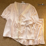ID1472 レディース 夏用 パジャマセット ひんやり クール素材 Vネック レース 半袖 インスタ映え 高級感 お出かけ対応 ホームウェア ルームウェア