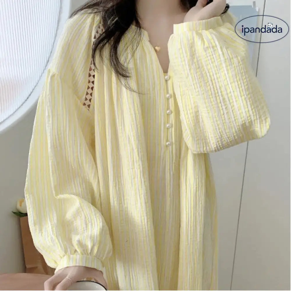 レディース 新作 韓国風 イエロー ストライプ レース パールボタン 長袖 ナイトドレス ガーゼ ワンピース ID4692 - イエロー / フリー