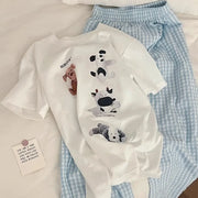 レディースパジャマセット 夏用 子犬プリント 半袖トップス チェックストライプ ロングパンツ 大きいサイズ 外出着用可 シンプルデザイン ID1928