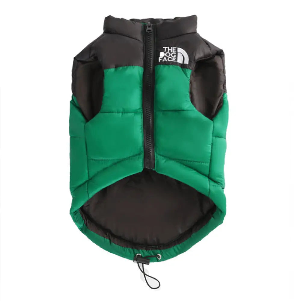 犬服 冬 暖かい 防寒 ダウンベスト ファスナー ベスト 着せやすい ドッグウェア 小型犬 中型犬 散歩 かっこいい 簡単着脱 アウター THE DOG FACE 男の子 女の子 グリーン / S（対応体重1.5-2.5KG）