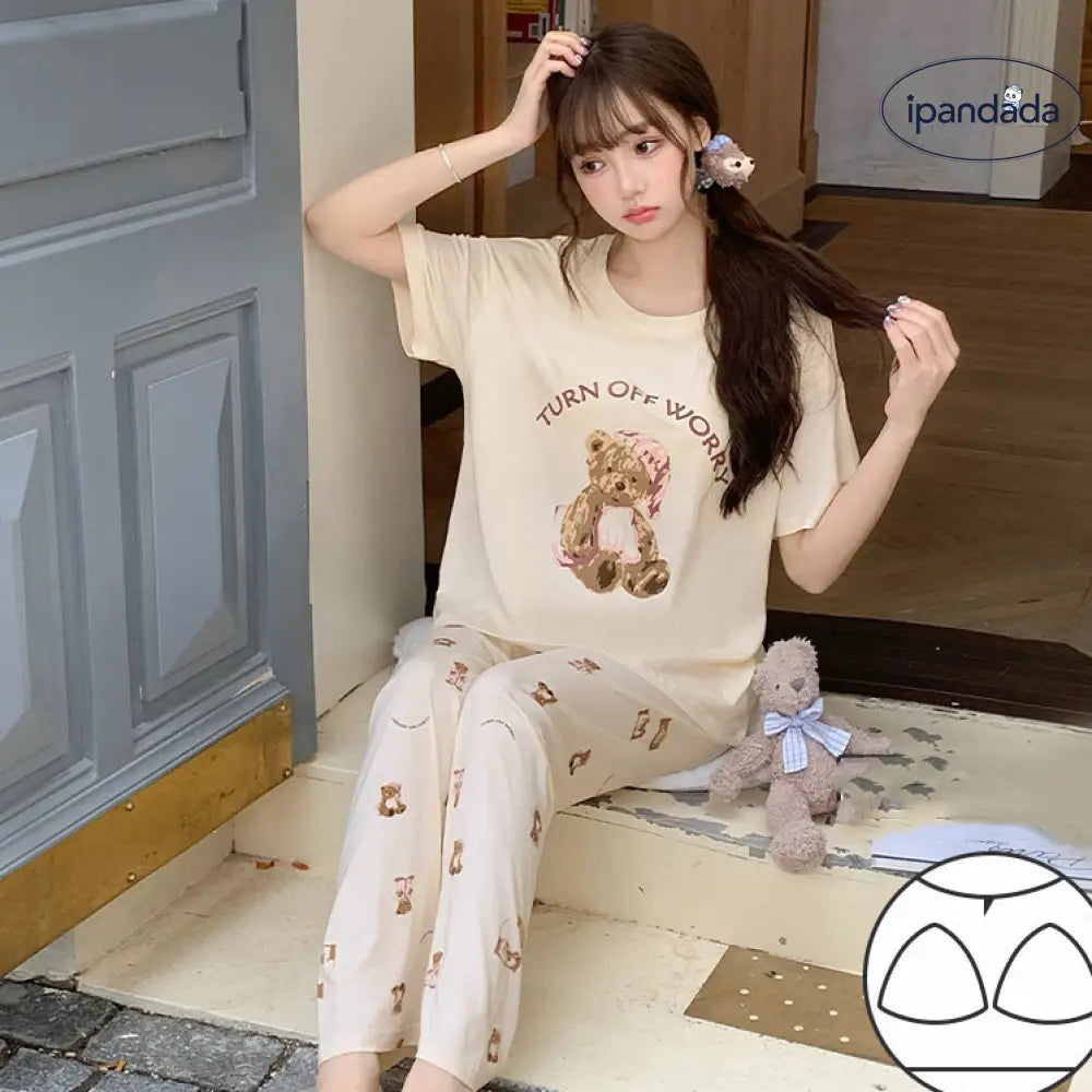 ID1355 【冷感素材】レディース パジャマセット 夏用 丸首 半袖+ロングパンツ 胸パッド付き おしゃれ 部屋着・外出兼用