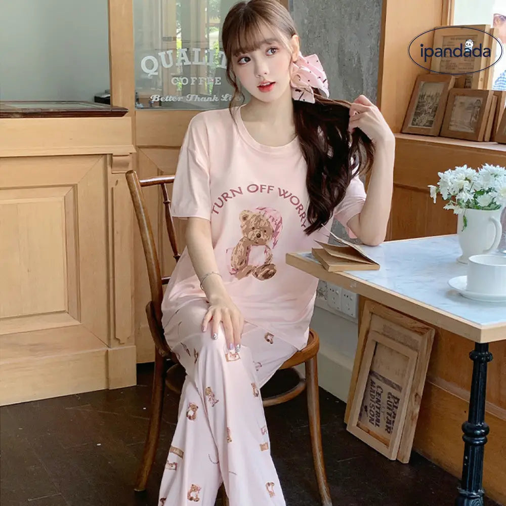 ID1355 【冷感素材】レディース パジャマセット 夏用 丸首 半袖+ロングパンツ 胸パッド付き おしゃれ 部屋着・外出兼用