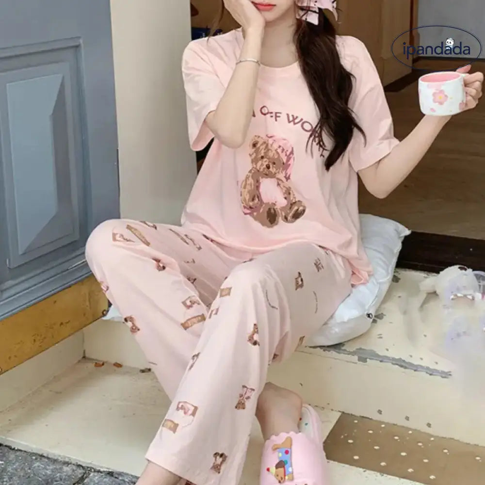 ID1355 【冷感素材】レディース パジャマセット 夏用 丸首 半袖 + ロングパンツ 胸パッド付き おしゃれ 部屋着・外出兼用 レディース＞セットアップ