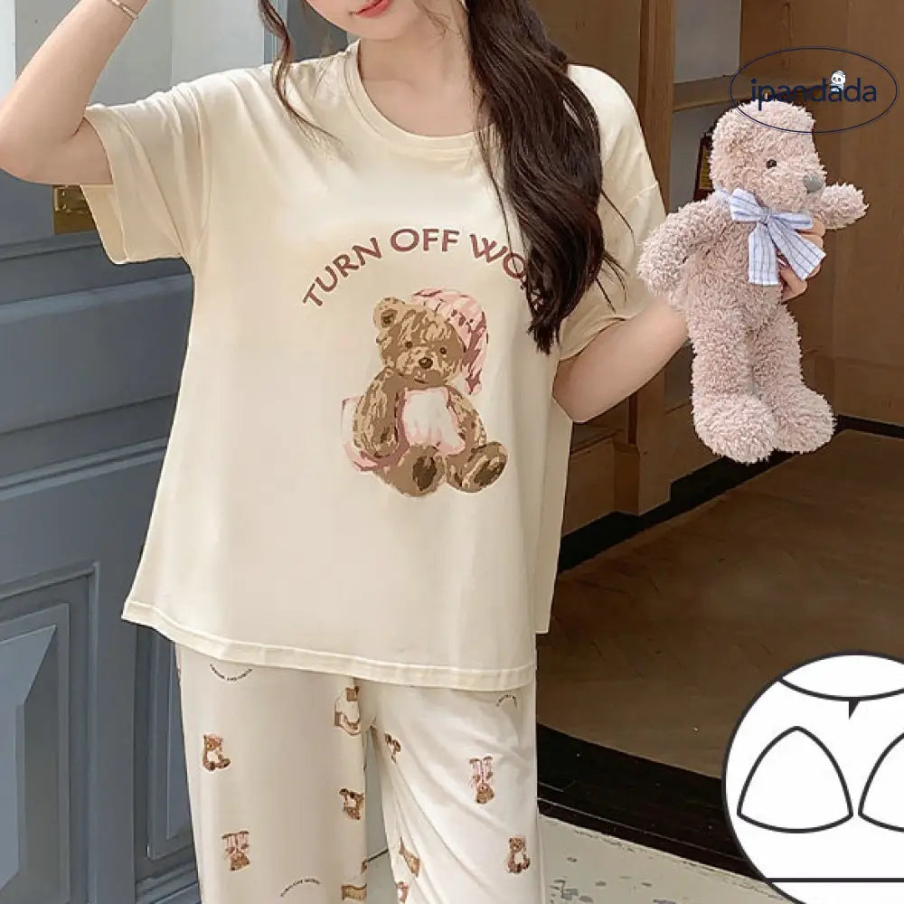 ID1355 【冷感素材】レディース パジャマセット 夏用 丸首 半袖+ロングパンツ 胸パッド付き おしゃれ 部屋着・外出兼用