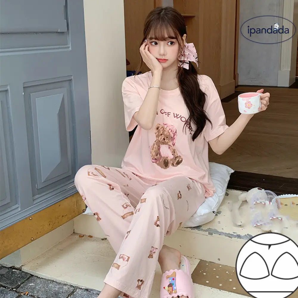 ID1355 【冷感素材】レディース パジャマセット 夏用 丸首 半袖+ロングパンツ 胸パッド付き おしゃれ 部屋着・外出兼用