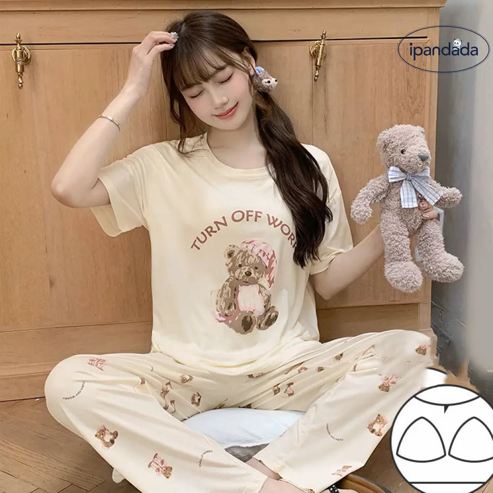 ID1355 【冷感素材】レディース パジャマセット 夏用 丸首 半袖+ロングパンツ 胸パッド付き おしゃれ 部屋着・外出兼用