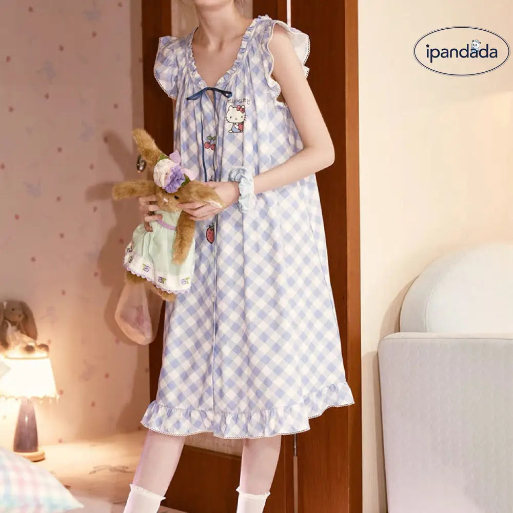 ID1401 ★人気商品★フレンチ ギンガム ハローキティ プリント ノースリーブ パジャマ 女性用 夏 快適 寝巻き ワンピース リボン ワンピース パジャマ