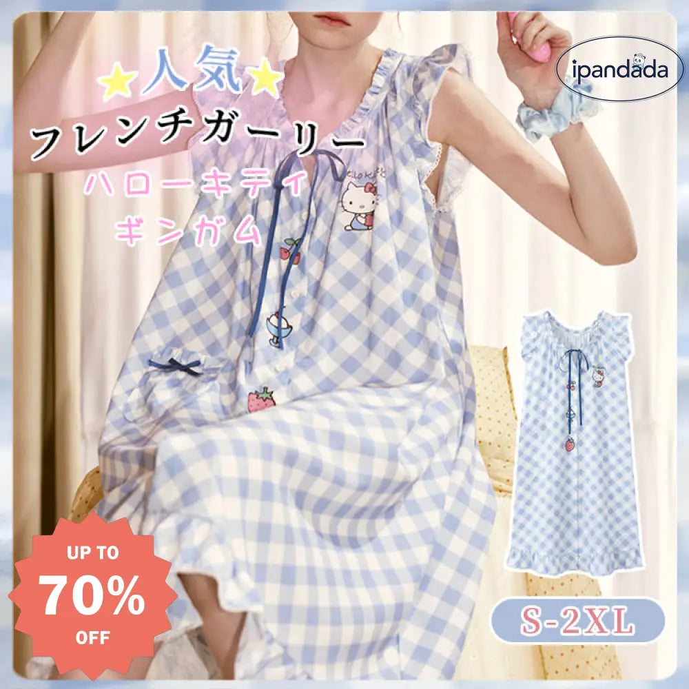 ID1401 ★人気商品★フレンチ ギンガム ハローキティ プリント ノースリーブ パジャマ 女性用 夏 快適 寝巻き ワンピース リボン ワンピース パジャマ レディース＞ワンピース