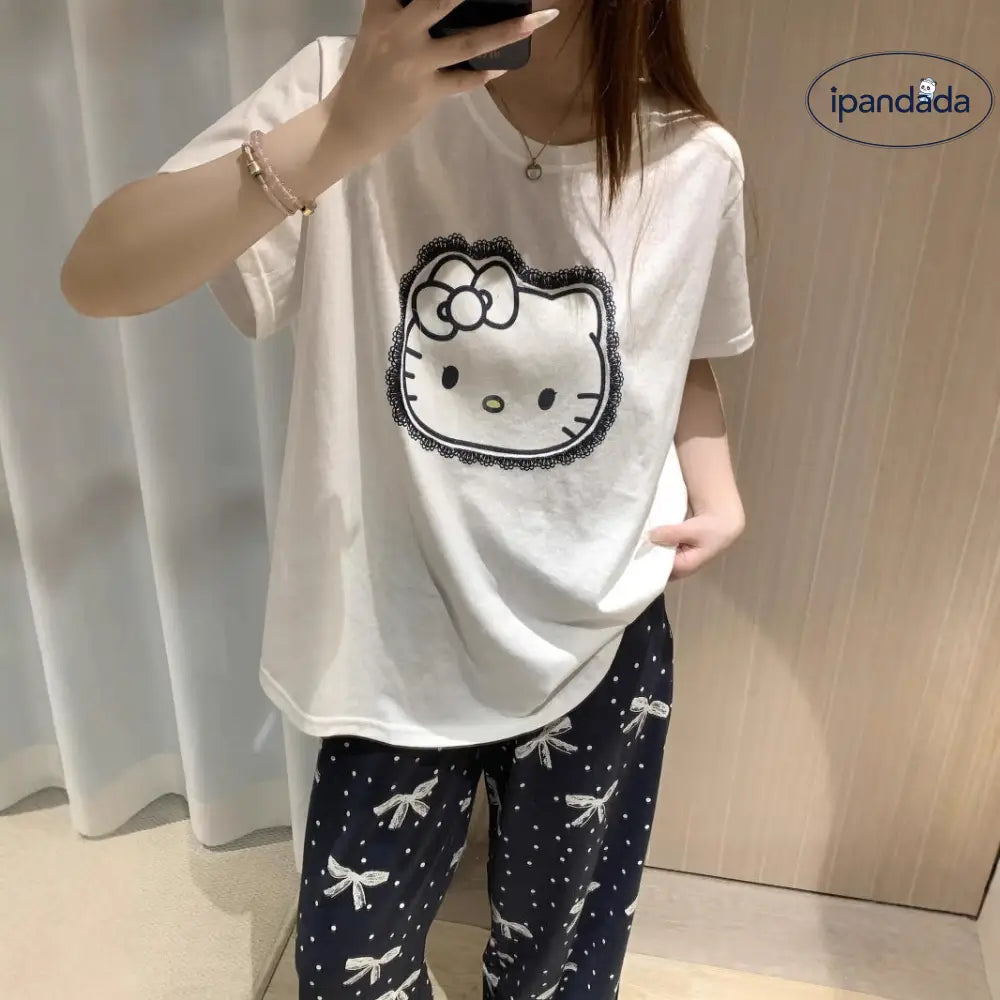 ID882 パジャマ レディース 夏 インスタ風 スイート ハローキティ プリント ラウンドネック 半袖 長ズボン セット リボンデザイン カジュアル 外出対応 おしゃれ ホームウェア ルームウェア 部屋着 レディース＞セットアップ