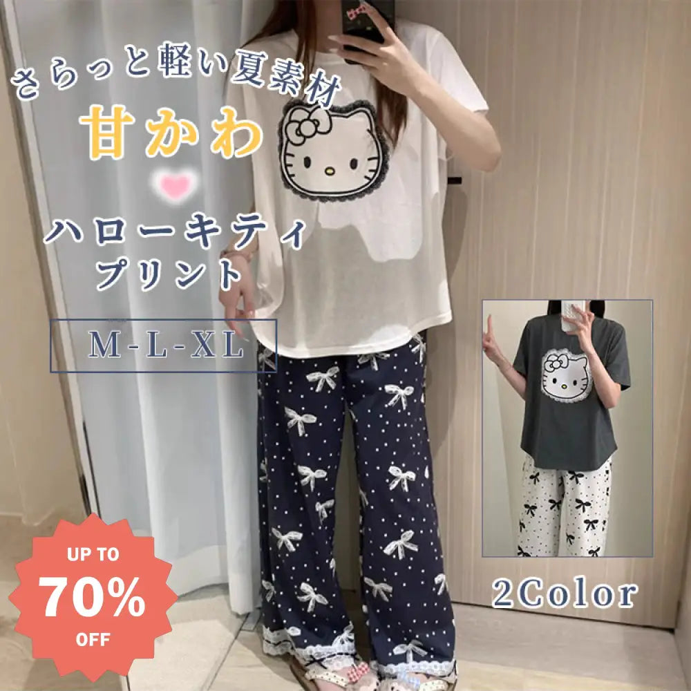 ID882 パジャマ レディース 夏 インスタ風 スイート ハローキティ プリント ラウンドネック 半袖 長ズボン セット リボンデザイン カジュアル 外出対応 おしゃれ ホームウェア ルームウェア 部屋着 レディース＞セットアップ