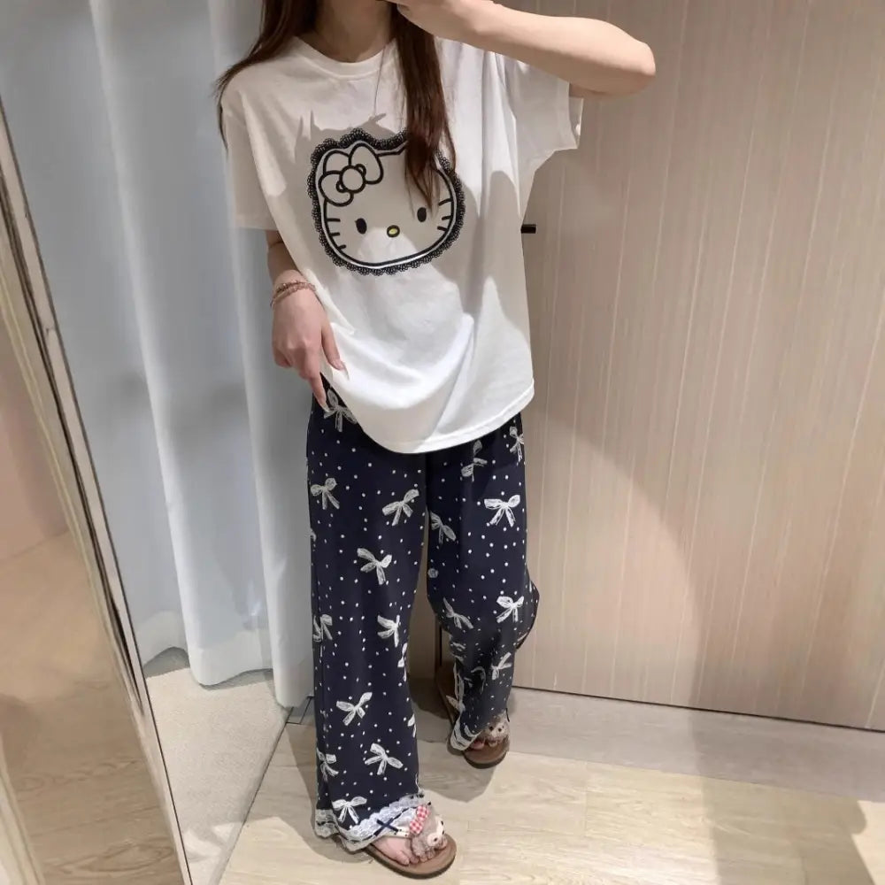 ID882 パジャマ レディース 夏 インスタ風 スイート ハローキティ プリント ラウンドネック 半袖 長ズボン セット リボンデザイン カジュアル 外出対応 おしゃれ ホームウェア ルームウェア 部屋着 ホワイト / M