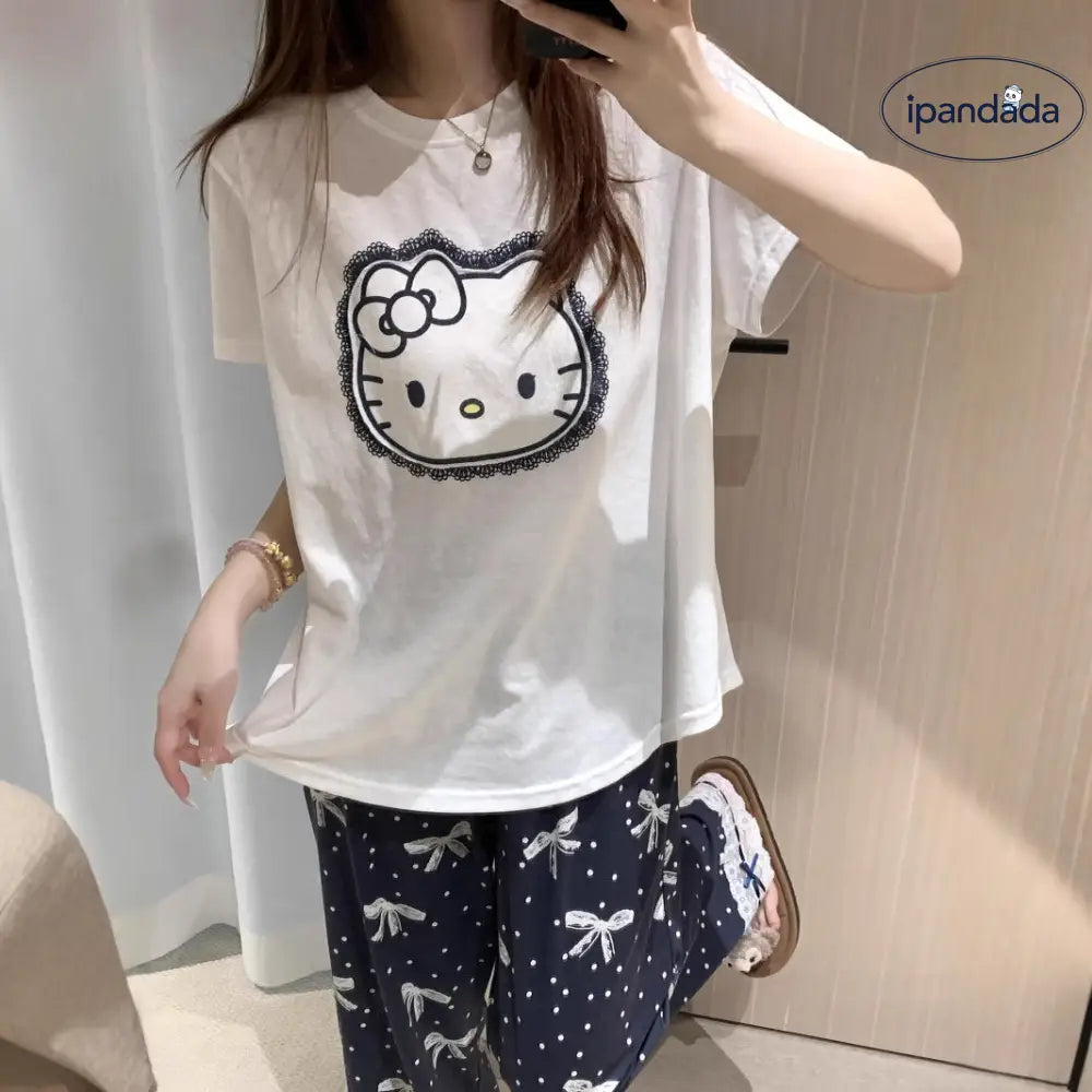 ID882 パジャマ レディース 夏 インスタ風 スイート ハローキティ プリント ラウンドネック 半袖 長ズボン セット リボンデザイン カジュアル 外出対応 おしゃれ ホームウェア ルームウェア 部屋着 ホワイトTシャツ（単品）