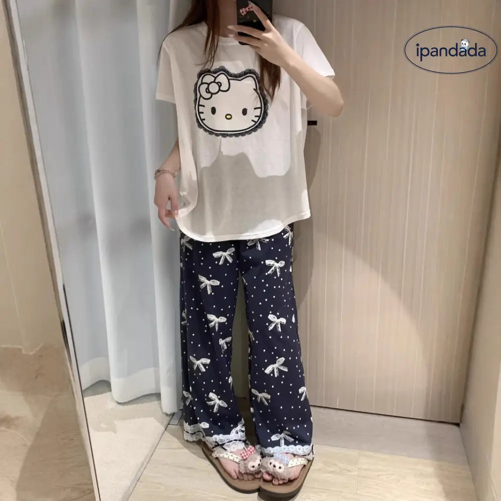 ID882 パジャマ レディース 夏 インスタ風 スイート ハローキティ プリント ラウンドネック 半袖 長ズボン セット リボンデザイン カジュアル 外出対応 おしゃれ ホームウェア ルームウェア 部屋着 レディース＞セットアップ