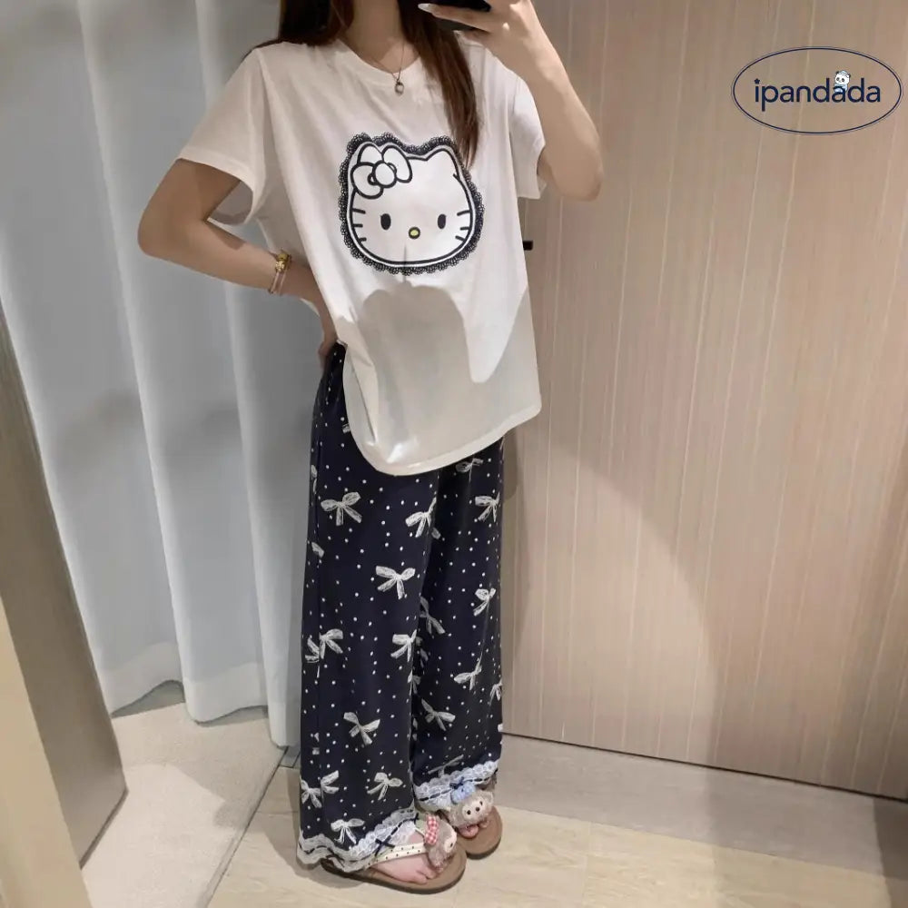 ID882 パジャマ レディース 夏 インスタ風 スイート ハローキティ プリント ラウンドネック 半袖 長ズボン セット リボンデザイン カジュアル 外出対応 おしゃれ ホームウェア ルームウェア 部屋着 レディース＞セットアップ