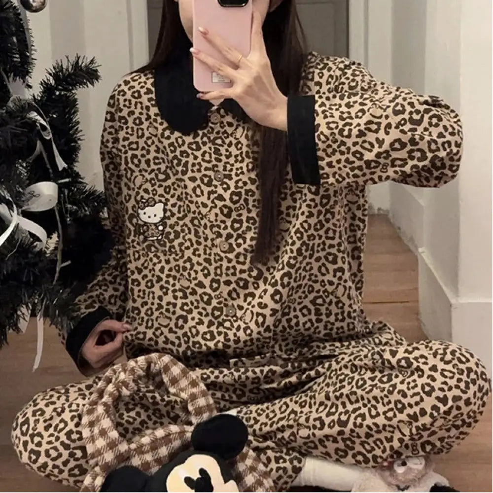 レオパード カーディガン パジャマ セット 秋冬 新作 上品 ゆったり ルームウェア 2点セット 部屋着 ID4015 ブラウン / M