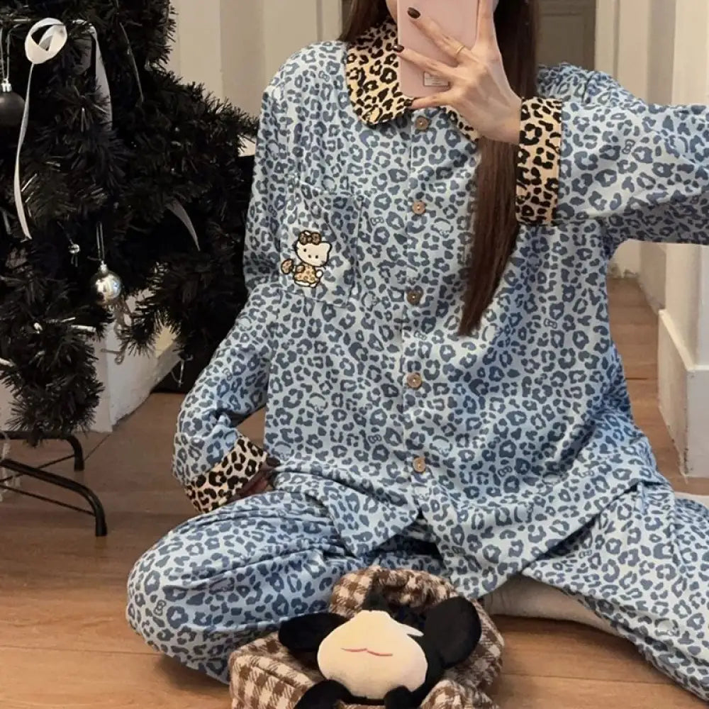 レオパード カーディガン パジャマ セット 秋冬 新作 上品 ゆったり ルームウェア 2点セット 部屋着 ID4015 ブルー / M