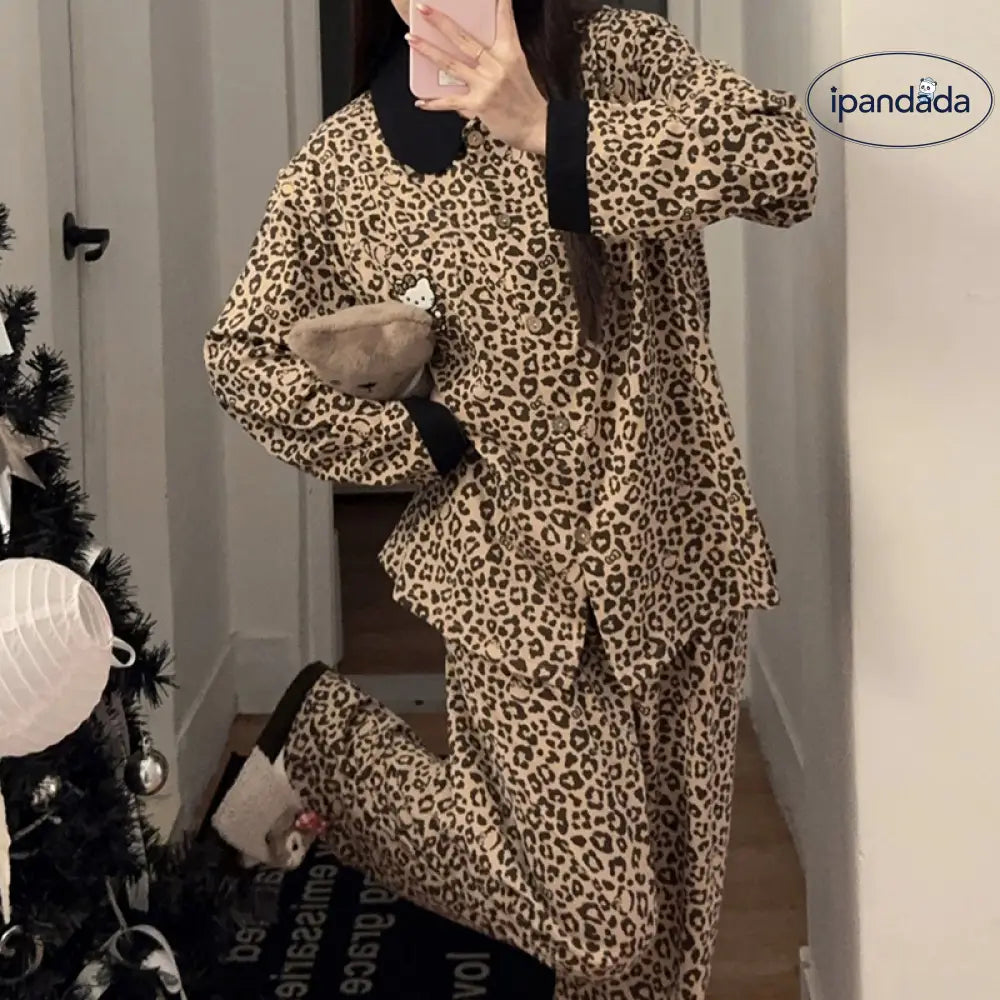 レオパード カーディガン パジャマ セット 秋冬 新作 上品 ゆったり ルームウェア 2点セット 部屋着 ID4015