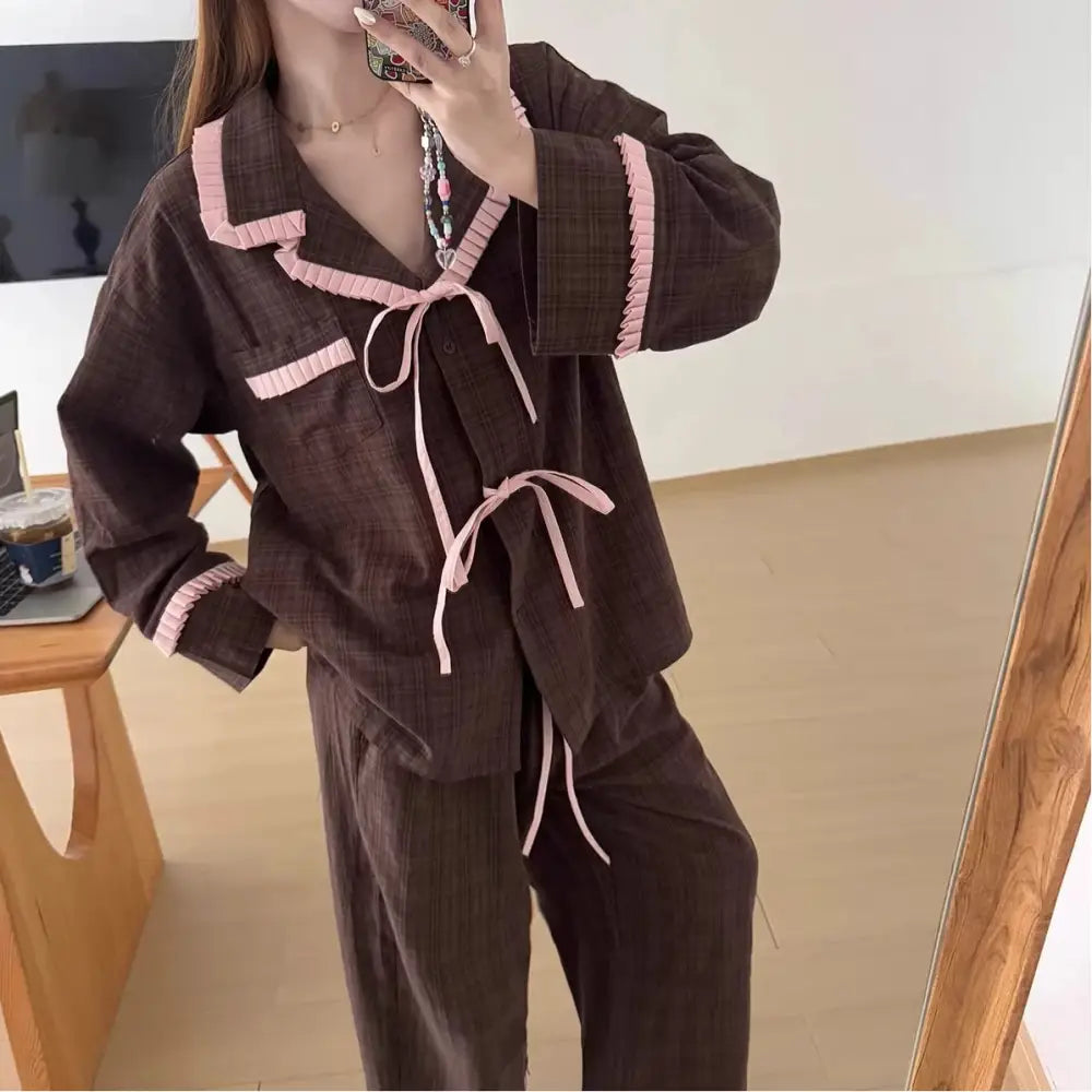 レース チェック パジャマ セット 春秋 新作 長袖 ルームウェア 部屋着 2点セット ID4195 ブラウン / M