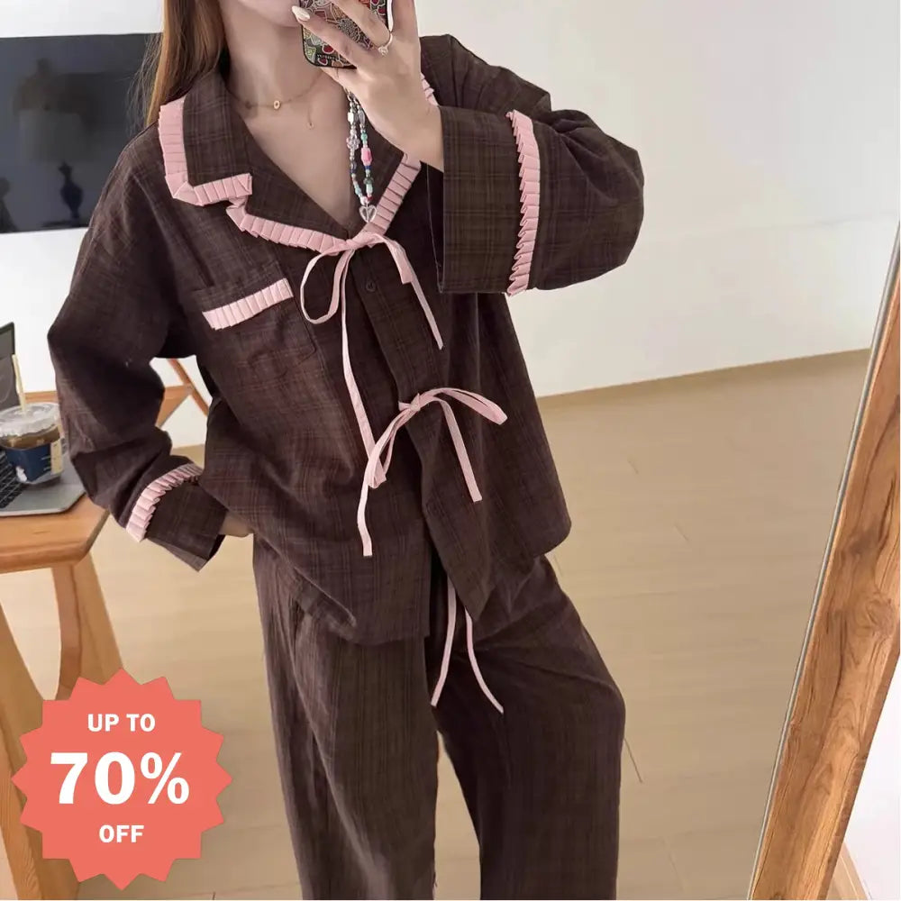 レース チェック パジャマ セット 春秋 新作 長袖 ルームウェア 部屋着 2点セット ID4195 ブラウン / M