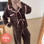 レース チェック パジャマ セット 春秋 新作 長袖 ルームウェア 部屋着 2点セット ID4195 ブラウン / M