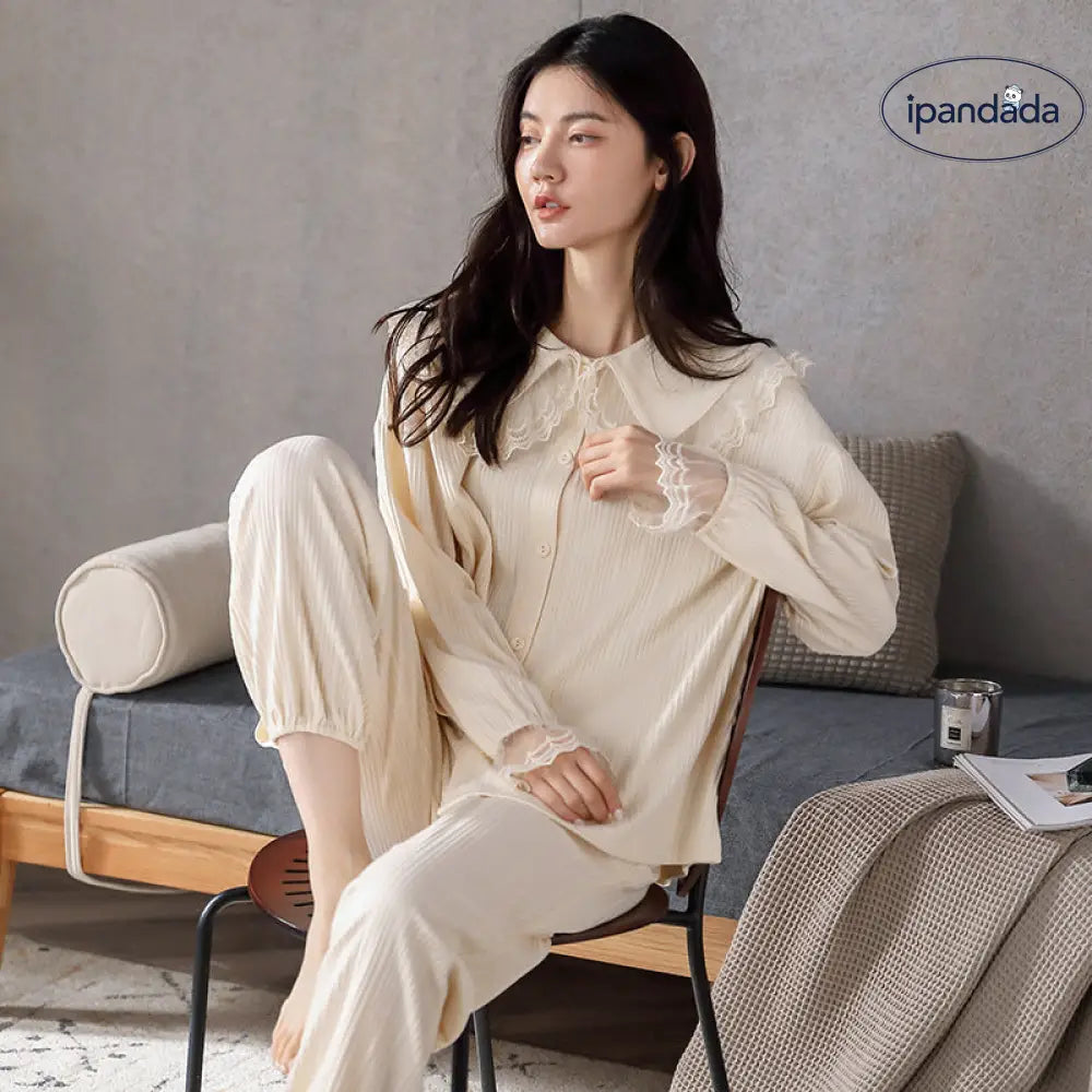 レース フリル おしゃれ トップス セットアップ 2点セット ゆったり コットン パジャマ レディース 長袖 春秋 ルームウェア セット ズボン付き 快適 ID4421 レディース＞セットアップ