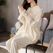 レース フリル おしゃれ トップス セットアップ 2点セット ゆったり コットン パジャマ レディース 長袖 春秋 ルームウェア セット ズボン付き 快適 ID4421 レディース＞セットアップ