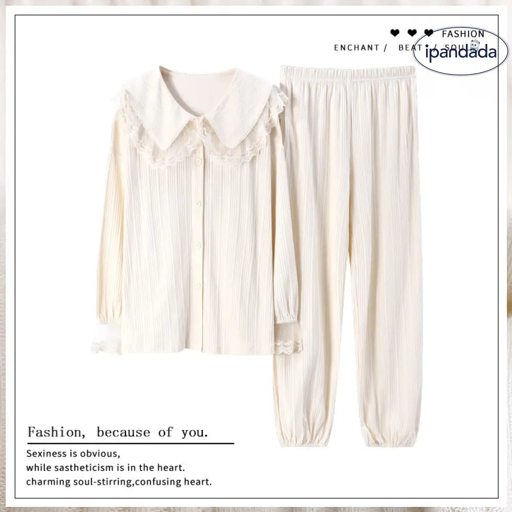 レース フリル おしゃれ トップス セットアップ 2点セット ゆったり コットン パジャマ レディース 長袖 春秋 ルームウェア セット ズボン付き 快適 ID4421 レディース＞セットアップ