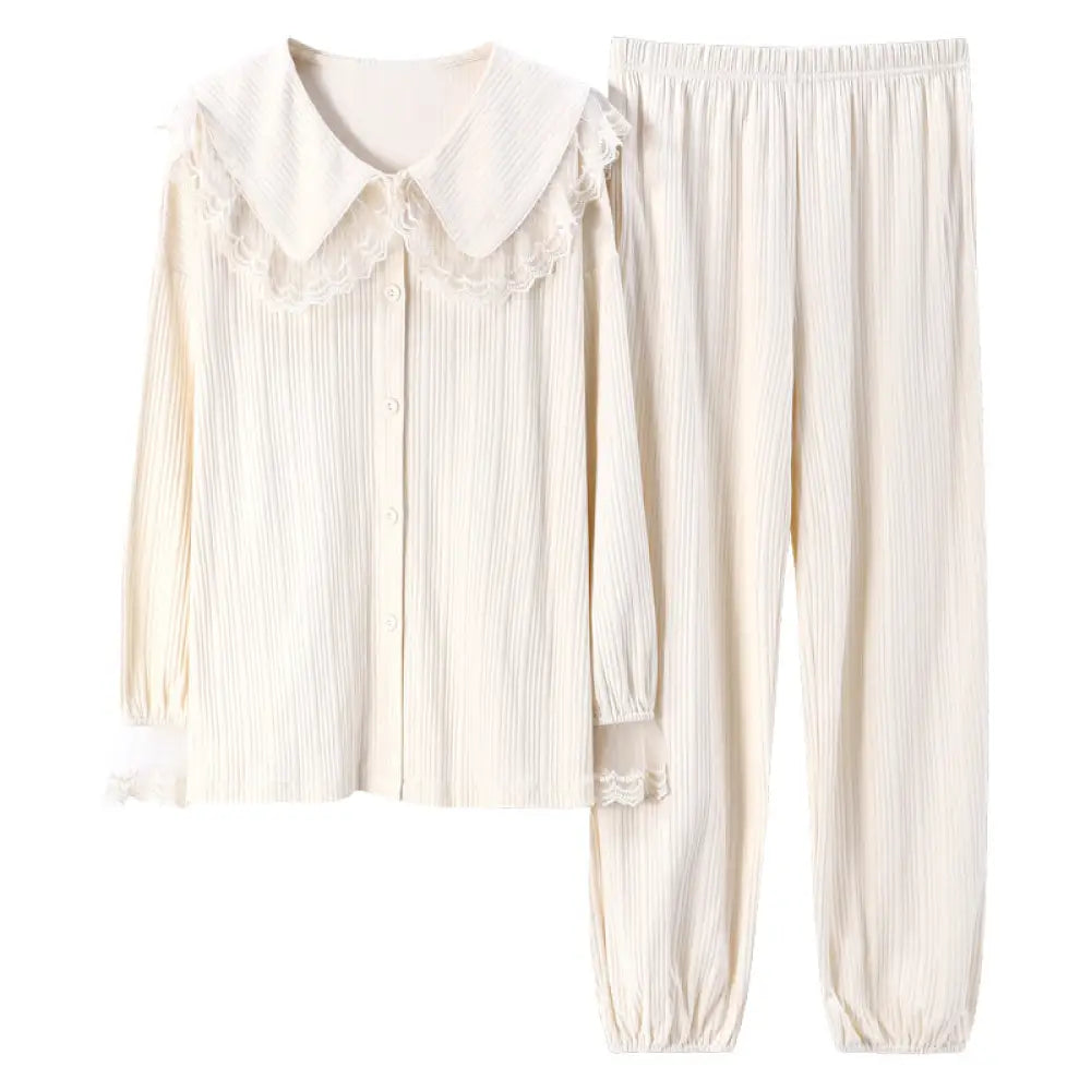 レース フリル おしゃれ トップス セットアップ 2点セット ゆったり コットン パジャマ レディース 長袖 春秋 ルームウェア セット ズボン付き 快適 ID4421 アイボリー / M レディース＞セットアップ