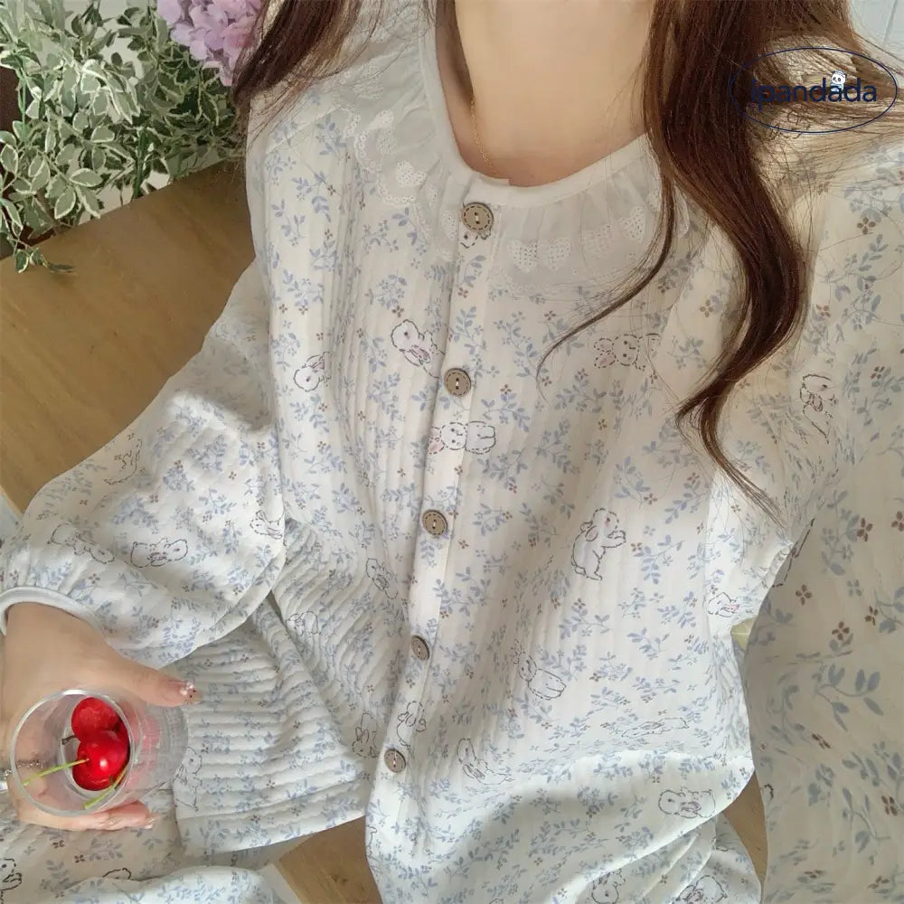 レース 花柄 うさぎ パジャマ セット エアーウェーブ 保温 かわいい 可愛い ルームウェア 部屋着 防寒 かわいい 2点セット ID4052 レディース＞セットアップ