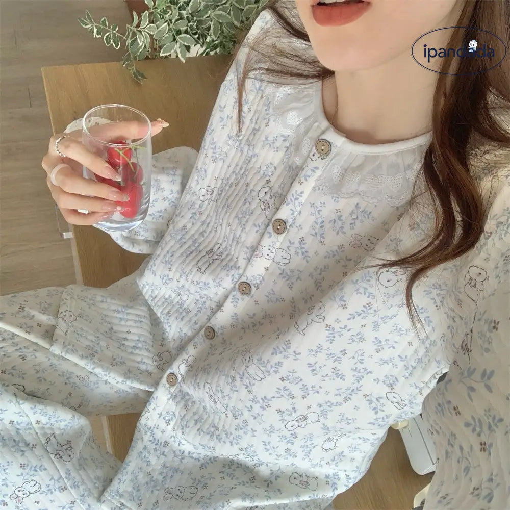 レース 花柄 うさぎ パジャマ セット エアーウェーブ 保温 かわいい 可愛い ルームウェア 部屋着 防寒 かわいい 2点セット ID4052 レディース＞セットアップ