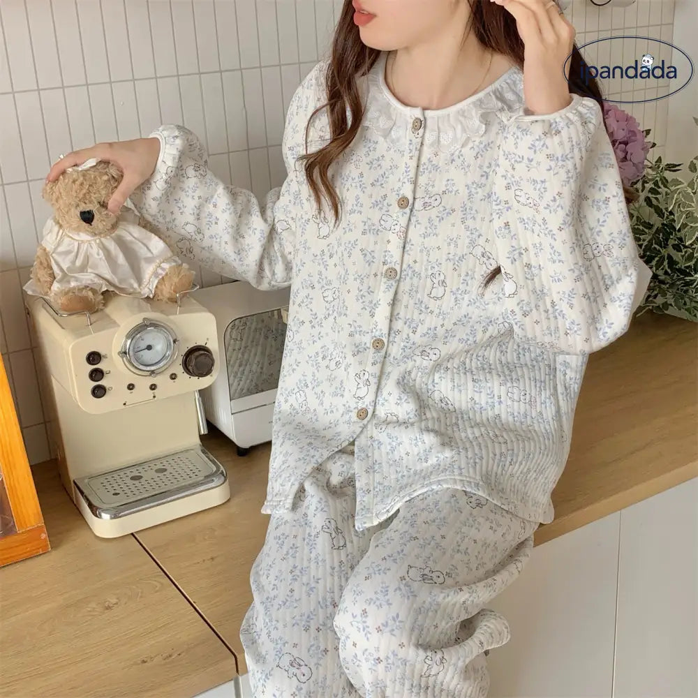 レース 花柄 うさぎ パジャマ セット エアーウェーブ 保温 かわいい 可愛い ルームウェア 部屋着 防寒 かわいい 2点セット ID4052 レディース＞セットアップ