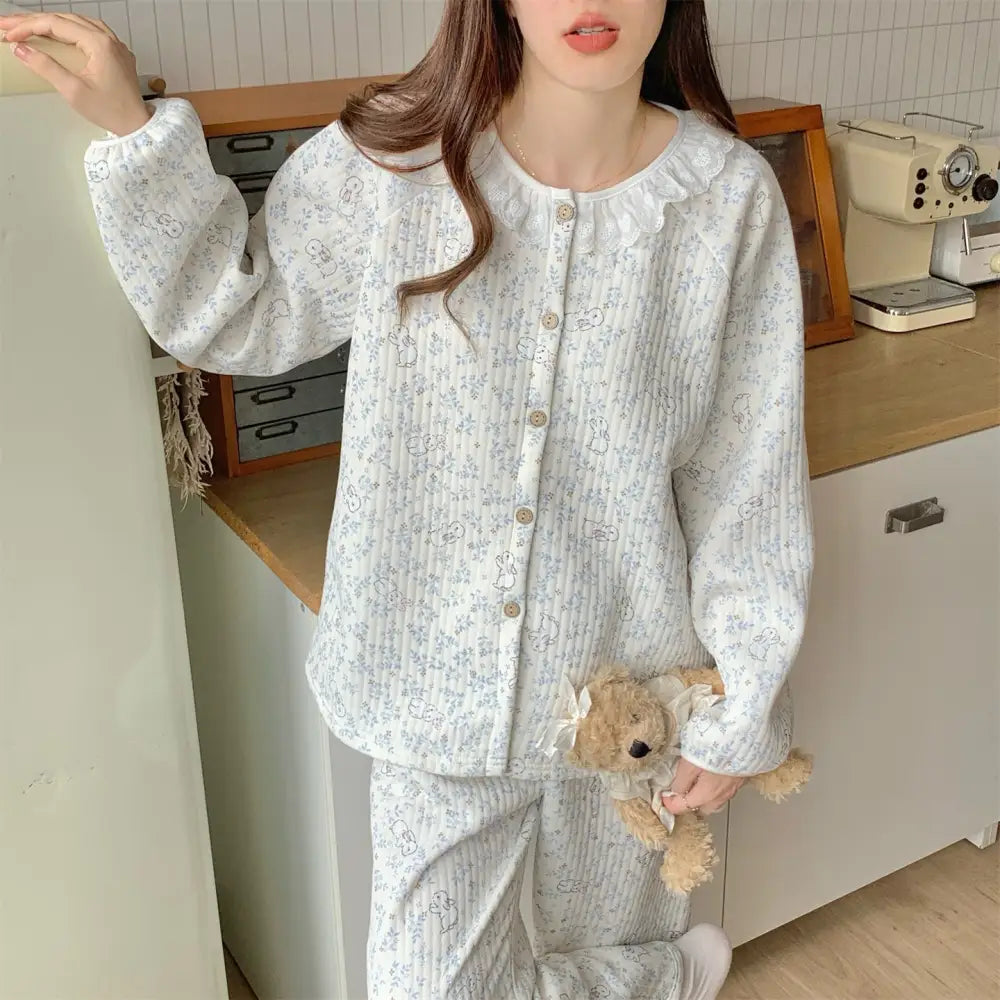 レース 花柄 うさぎ パジャマ セット エアーウェーブ 保温 かわいい 可愛い ルームウェア 部屋着 防寒 かわいい 2点セット ID4052 タイプ① / M レディース＞セットアップ