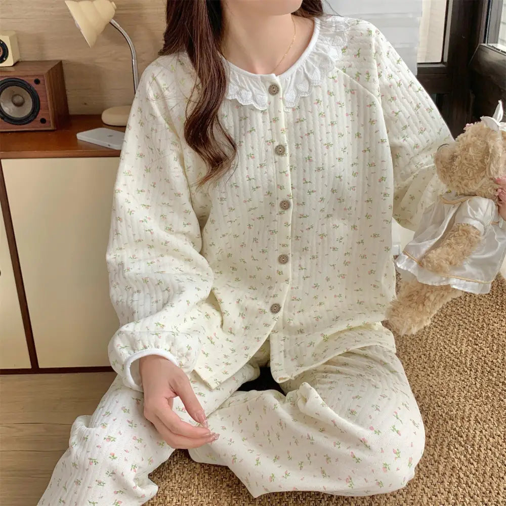 レース 花柄 うさぎ パジャマ セット エアーウェーブ 保温 かわいい 可愛い ルームウェア 部屋着 防寒 かわいい 2点セット ID4052 タイプ② / M レディース＞セットアップ