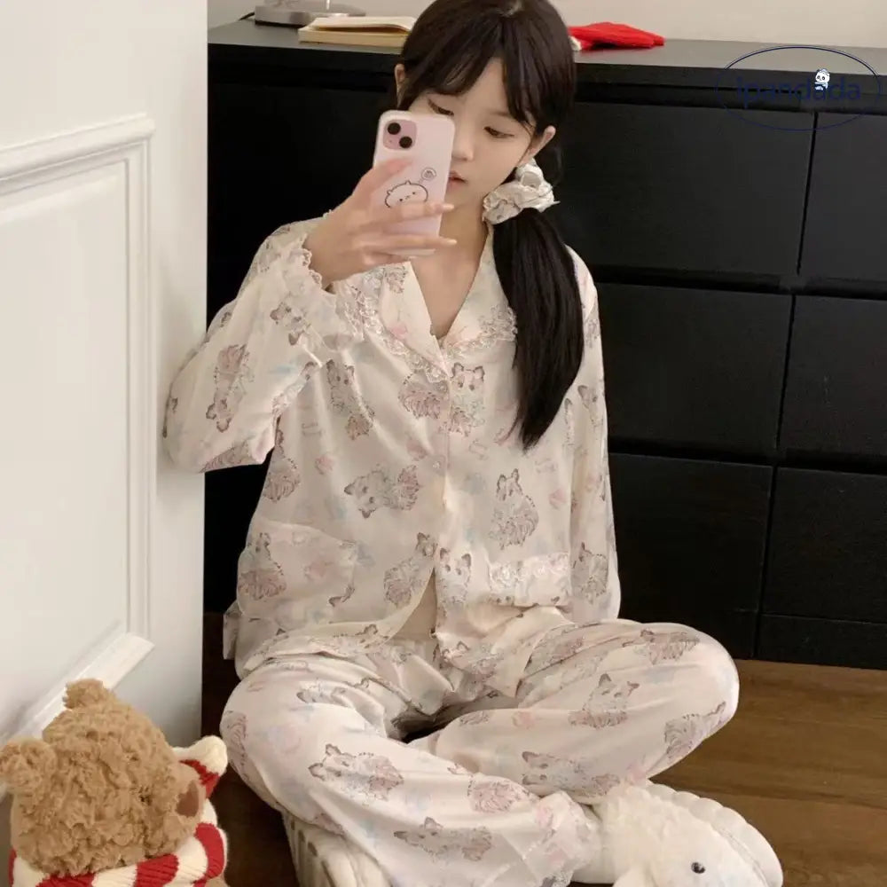 レース カートゥーン ネコ イミテーションシルク パジャマ ヘアバンド付き ID4350