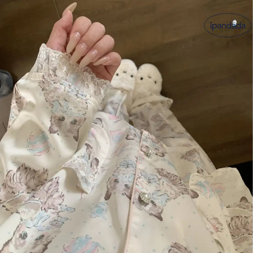 レース カートゥーン ネコ イミテーションシルク パジャマ ヘアバンド付き ID4350