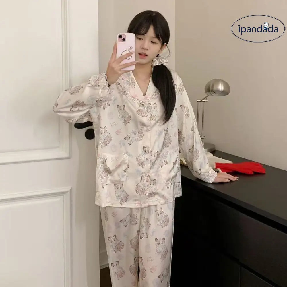 レース カートゥーン ネコ イミテーションシルク パジャマ ヘアバンド付き ID4350