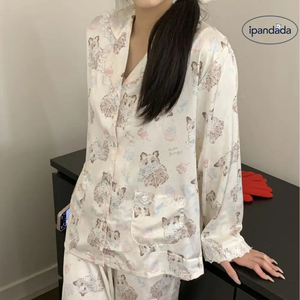 レース カートゥーン ネコ イミテーションシルク パジャマ ヘアバンド付き ID4350