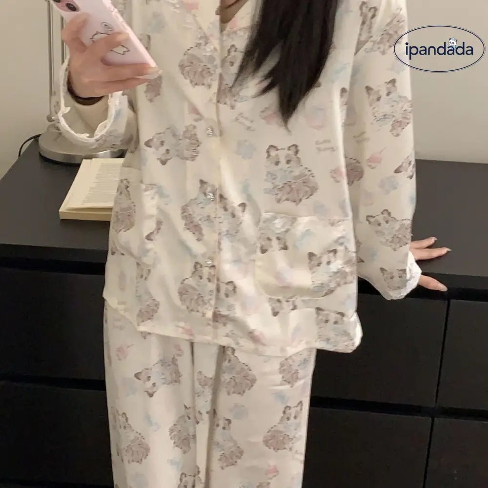 レース カートゥーン ネコ イミテーションシルク パジャマ ヘアバンド付き ID4350