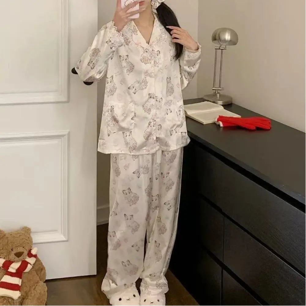 レース カートゥーン ネコ イミテーションシルク パジャマ ヘアバンド付き ID4350 写真通り / M